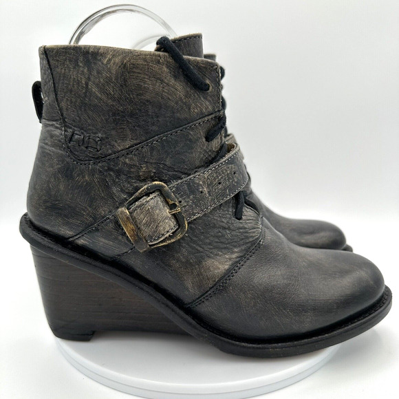 BED STU Rustic Wedge Ankle Boots Womens 6.5 Teak Two Tone Leather Buckle Western - Picture 6 of 11